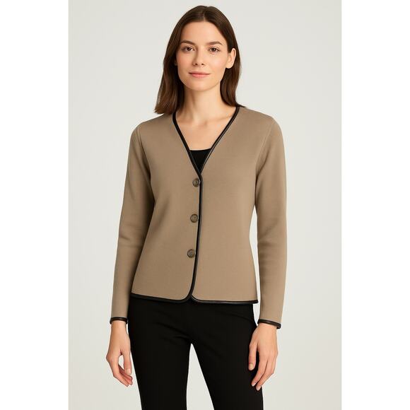 Carlisle Merino Wool Faux Leather Trimmed Jacket Cardigan Women S Quiet Luxury - Picture 1 of 7